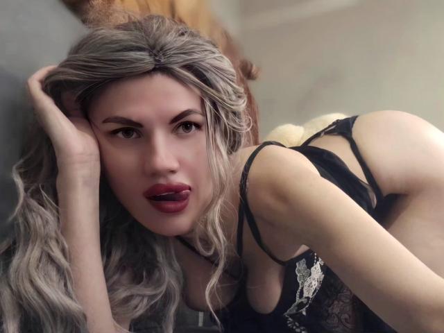 MilaLoona with long, wavy gray hair, black lace lingerie, and red lipstick, tongue slightly out, hand in hair, leaning forward, showing her ass and looking at the camera.