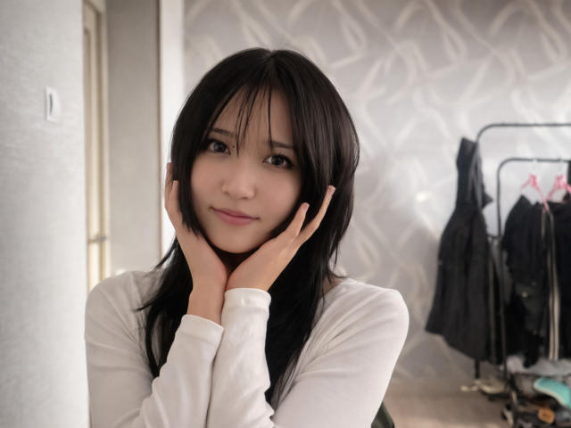 EmaVanhowe with black hair, white shirt, hands on cheeks, cute smile, small tits, soft pink lips, pale skin, standing in a room with a clothes rack in background.