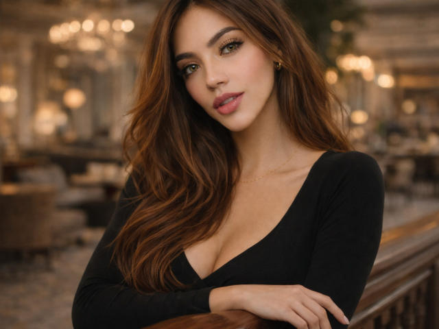 SofieWhite has long brown hair, green eyes, and is wearing a black V-neck top that shows her big boobs. She's smiling softly with crossed arms in a warm, blurry setting.