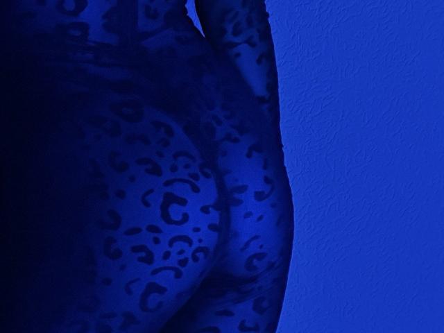BalletSwan's butt in a dark blue, leopard-patterned, semi-transparent fabric. The fabric outlines her curvy, round ass. The blue hue makes her skin and pattern stand out.