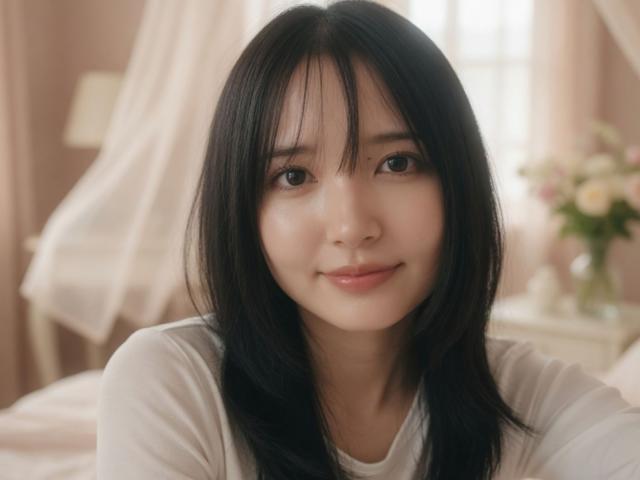 EmaVanhowe with black hair, light skin, and cute face, wearing a white shirt, smiling softly, looking at the camera, in a softly lit bedroom.