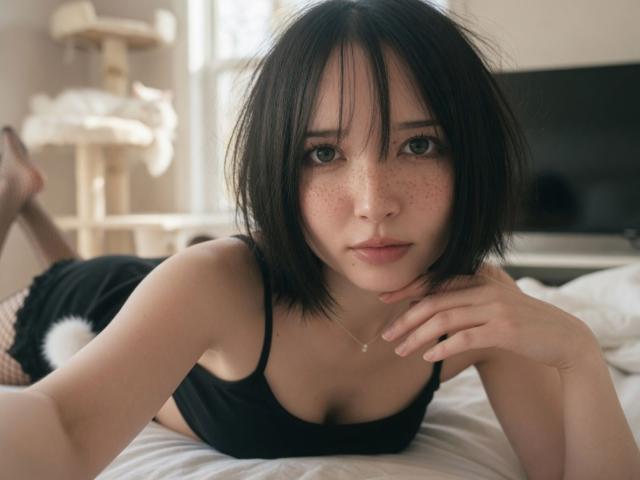 EmaVanhowe with short black hair, freckles, and cute face, lying on bed in black tank top, showing small tits, wearing fishnet stockings and black bunny ears.