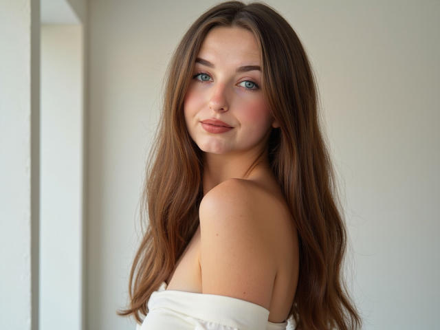 CharlotteXGold with long brown hair, blue eyes, and a gentle smile, looking over her shoulder with her bare shoulders and upper chest visible. She's wearing a white strapless top.