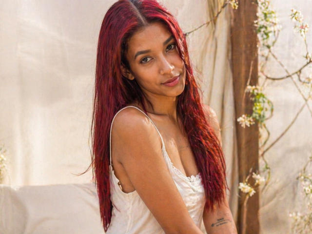 Dalila, con cabello rojo largo, piel morena, pechos pequeños, vistiendo una blusa blanca de encaje con tirantes finos, sonriendo suavemente, con los brazos ligeramente levantados, un tatuaje en la muñeca derecha, de pie al aire libre..