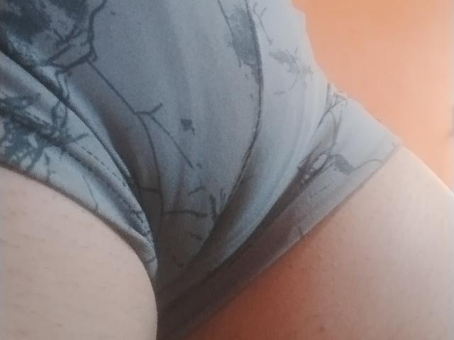 Las panties grises con estampado de hojas de MayaAllana están ajustadas contra sus muslos pálidos y cubiertos de vello. La tela está ligeramente estirada, mostrando sus curvas y su trasero suave. La imagen es un primer plano..