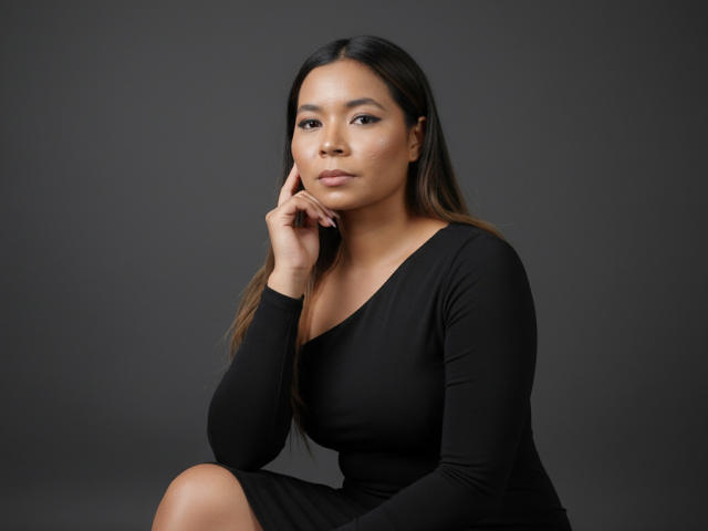 XinemaBonet with medium tits, wearing a black long-sleeve dress, has long black hair, and is sitting with her hand near her face, looking serious, against a dark gray background.