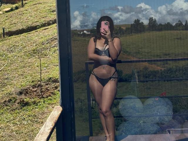 LaraHarvey with large tits and thick ass, wearing black lingerie, standing in front of a glass window, holding a pink phone, reflecting a sunny countryside.