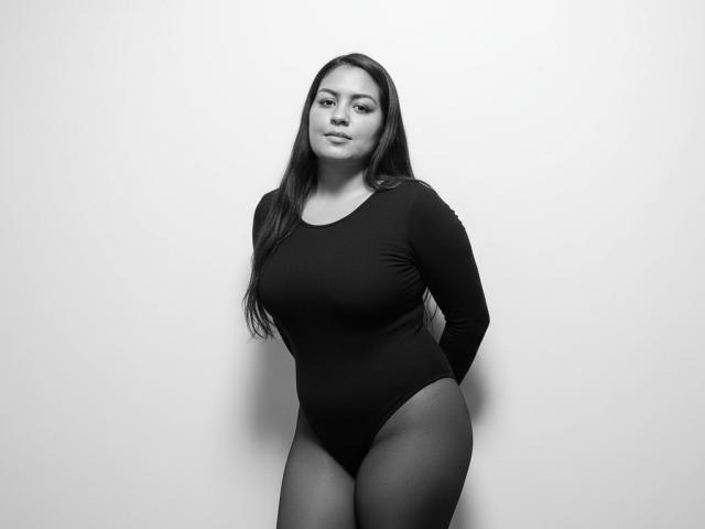 AthenaTheas with long dark hair, wearing a tight black long-sleeve leotard, standing against a white wall, showing her big ass and small tits, with a confident look.