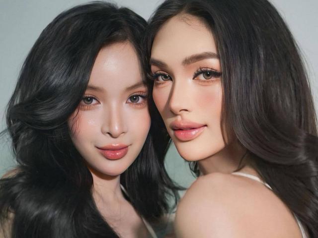 TwoGorgeousAngels with shiny black hair, both with smooth fair skin, full pink lips, and soft brown eyes, standing side by side, showing off their cute faces.