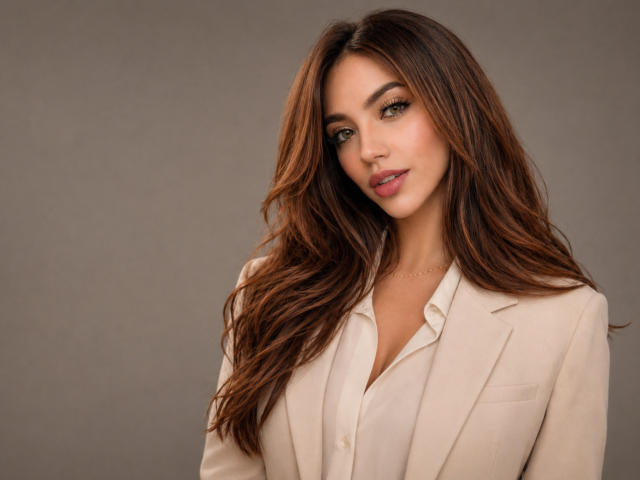 SofieWhite with long brown hair, green eyes, and a slight smile, wearing a beige blazer over a white blouse, showing her tits and a confident, sexy look.