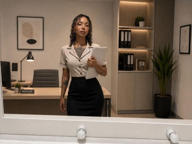 SilvanaXOwen with curly hair, white short-sleeved blouse, black skirt, holding paper, tattoo on left arm, standing in office, reflection in mirror, office desk, black lamp, plants.