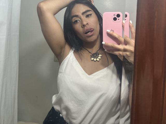 StellaBeckker with dark hair, tongue out, wearing a white top, necklace, holding a pink phone, arm raised, showing her tits, reflection in a mirror.