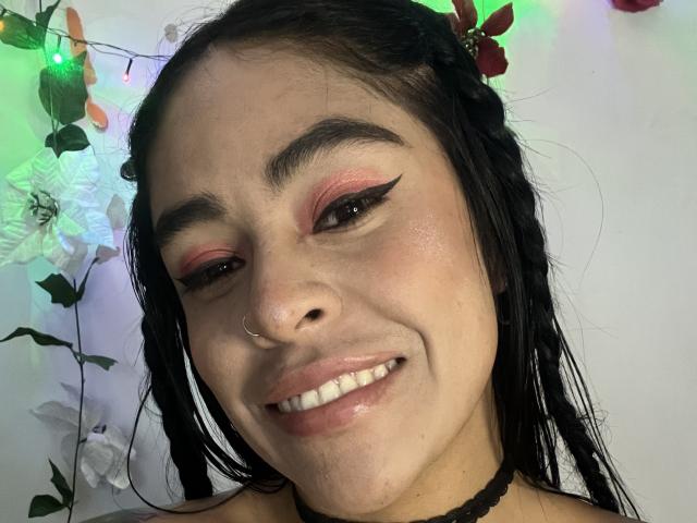 StellaBeckker with dark hair in braids, pink eyeshadow, black eyeliner, nose ring, smiling, glossy lips, white teeth, choker, and a nose piercing, in a selfie.