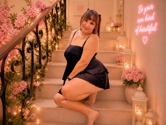 IsabellaHotest, chubby with big ass, wearing a black dress, kneeling on stairs, smiling, pink flowers, lanterns, and neon heart on wall, brown hair in pigtails.