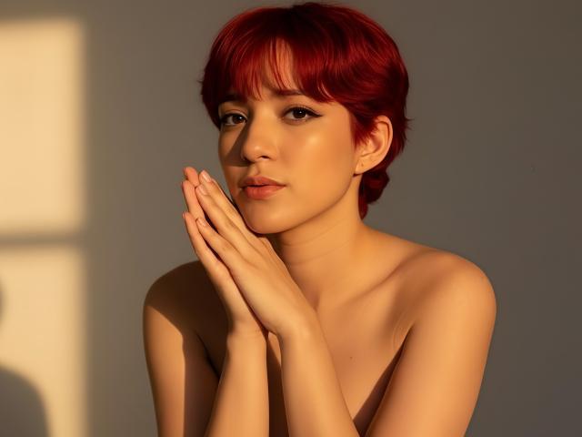 MiaSinclairX with red hair, hands together, nude, soft sunlight, smooth skin, small tits, gentle expression, light shadow, warm glow.