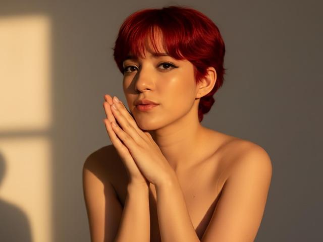 MiaSinclairX with red hair, hands together, topless, soft sunlight, tan skin, subtle makeup, small tits, cute, gentle expression, shadow on left, warm glow, natural light.