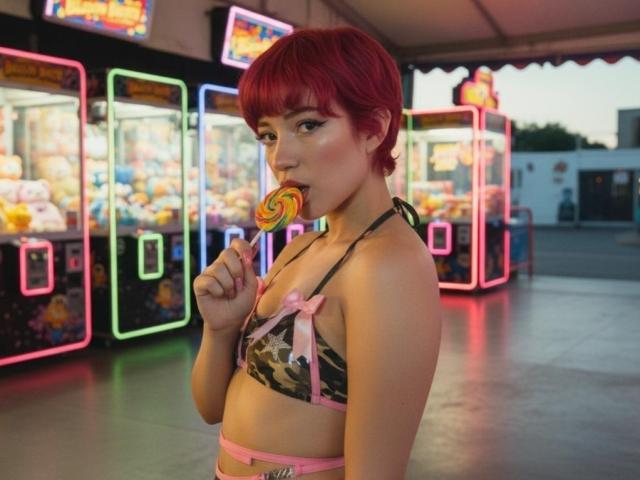 MiaSinclairX with red hair, eating a rainbow swirl candy, wearing a camouflage bra with pink bows, standing in front of neon arcade machines. Boobs visible, cute.