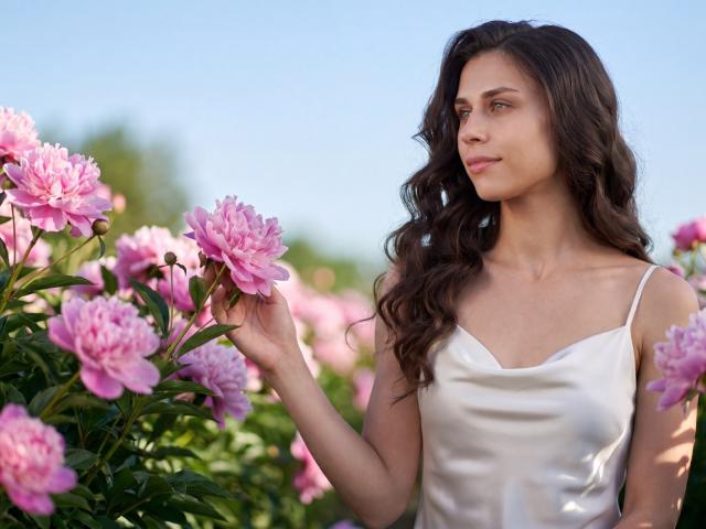 EmmaWantecr with wavy brown hair, white satin dress, holding pink peony, smiling, standing in garden with more pink peonies, clear blue sky, daytime, soft sunlight, gentle expression.