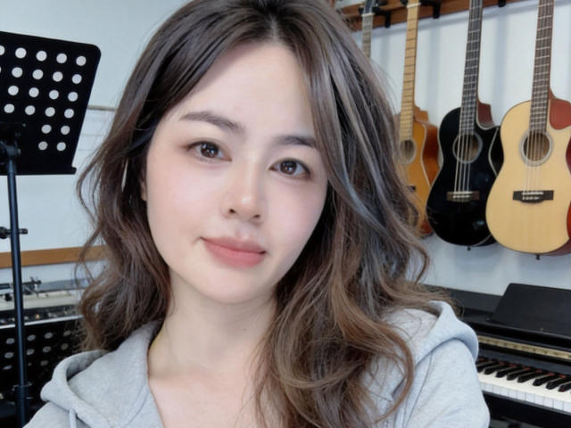 XweiWei tem cabelos castanhos ondulados, pele clara e um sorriso discreto. Ela veste um moletom cinza e está em frente a guitarras e um teclado. Seus seios não estão visíveis..