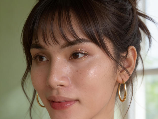 SofiaCumness has shiny brown eyes, small gold hoop earrings, and a slight smile with pink lips, her dark brown hair is messy with bangs, and she's looking forward.