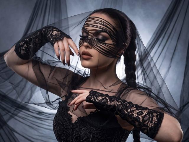 JaneOSweetAh with black lace mask, braided hair, sheer black gloves, and dress, raising hand, dark makeup, and transparent veil, looking seductive, dark, moody, elegant.