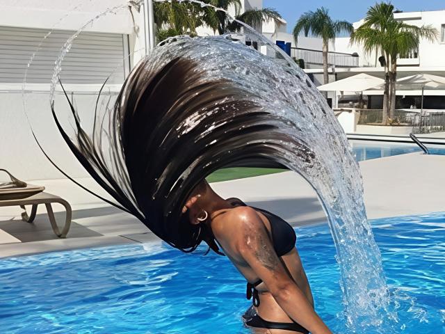 CandyLove met lang zwart haar, een zwart bikini, een tatoeage op haar arm, water dat over haar hoofd spat, een blauw zwembad, een zonnige dag, staand in het water, waterdruppels, palmbomen op de achtergrond..