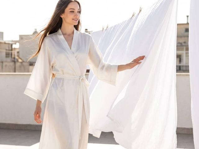 Diantrisy with long brown hair, white satin robe, and bare ass, holding white laundry on a line, smiling in sunlight.