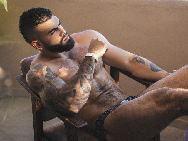EmmanuelSantos, muscular, bearded, tattooed, dark hair, wearing black polka-dot briefs, sitting in wooden chair, chest and arm tattoos, wristwatch, looking to the side, sunlit, hairy, relaxed.