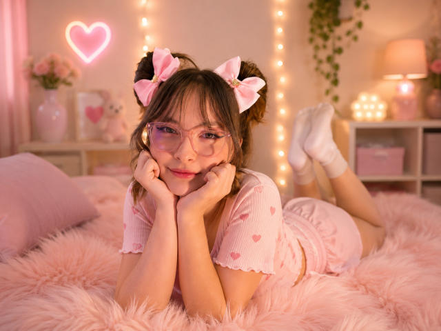 IsabelaP with pink heart headband, glasses, pink ribbed shirt, and pink heart-patterned shorts, lying on pink fuzzy bed, hands on cheeks, white socks, smiling, butt up.
