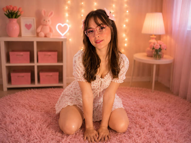 IsabelaP, cute girl with pink eyeshadow, white floral dress, kneeling on pink shag carpet, brown hair, pink hair clip, soft smile, small tits, pink room, string lights.