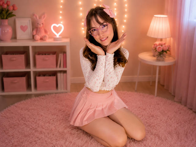 IsabelaP with glasses, pink skirt, white patterned top, pink bow, kneeling on pink shag rug, smiling, hands near face, pink fairy lights, pink room, cute, pretty, tits visible.