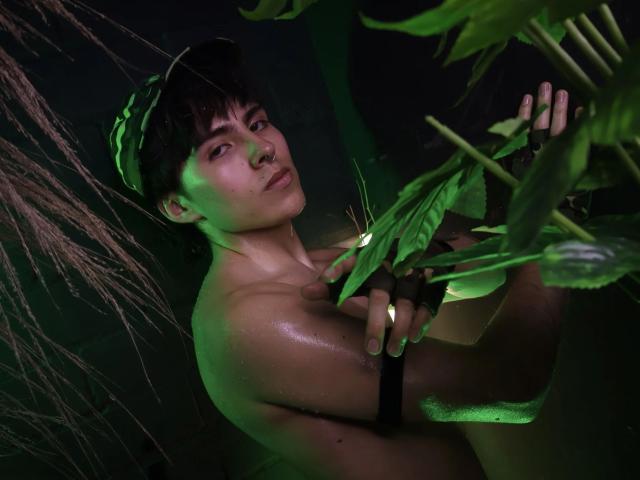 PepperTwink, avec ses courts cheveux noirs, sa peau brillante, tenant des feuilles vertes, portant un gant noir sans doigts, éclairage vert, regardant la caméra, fond noir..