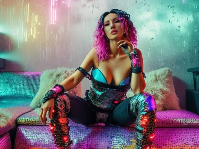 XMelanie: Eine Frau mit rosa, gewellten Haaren, einem neonblauen Top, das ihre Brüste zeigt, schwarzer Leder- und Metallrüstung, sitzend auf einem rosa, strukturierten Sofa, mit Neonlichtern und in Metallstiefeln..