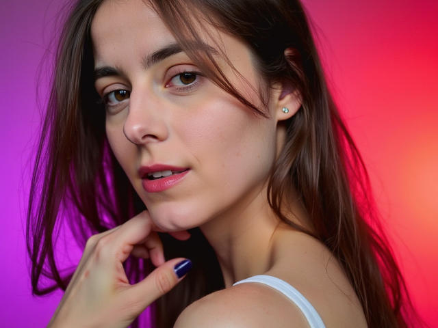 GlamMegi with brown eyes, pink lips, and white ear stud, touching her chin with blue-manicured fingers, wearing a white top, against a pink-red gradient background.