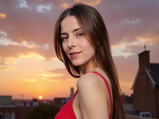 GlamMegi, avec ses longs cheveux bruns, son débardeur rouge et son léger sourire, montrant ses épaules dénudées et sa partie supérieure de la poitrine, se tient au coucher du soleil, avec un ciel orange et violet en arrière-plan..