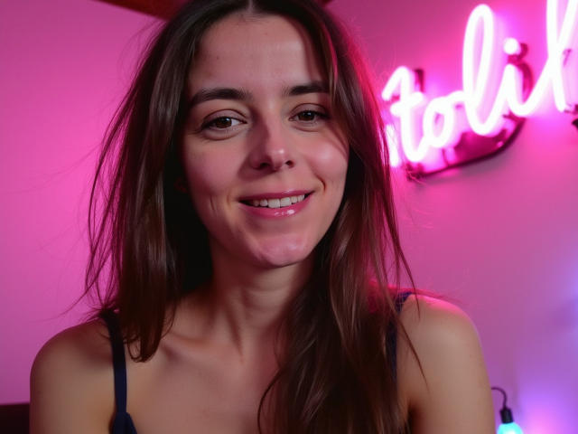 GlamMegi has long brown hair, a cute smile, and is wearing a blue tank top, showing small tits and a cute face with pink neon lighting in the background.