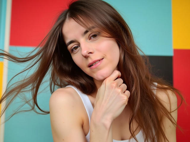 GlamMegi, com cabelos castanhos longos, pele clara e seios pequenos, vestindo uma camiseta branca, tocando suavemente o queixo, sorrindo levemente, com um fundo colorido e estampado..