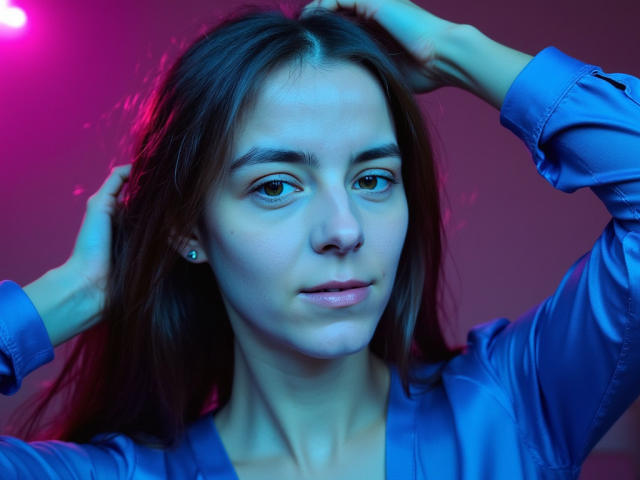 GlamMegi mit langen braunen Haaren, blauen Augen und heller Haut, trägt ein glänzendes blaues Hemd, hat die Hände im Haar und wirkt leicht gelangweilt, mit rosa-blauer Beleuchtung..