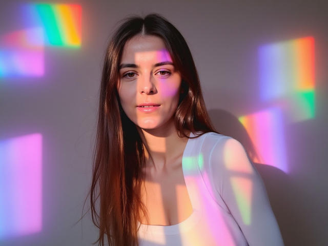 GlamMegi, con i suoi lunghi capelli castani, la maglietta bianca e le labbra rosa lucide, è in piedi sotto riflessi di luci colorate. Le sue natiche non sono visibili. Il suo seno è piccolo e discreto..