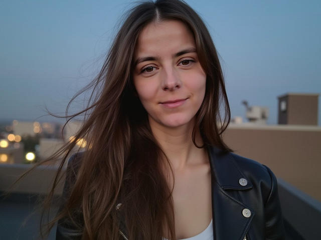 GlamMegi mit langen, braunen Haaren, die eine schwarze Lederjacke trägt, mit einem leichten Lächeln, blauen Augen und heller Haut, steht draußen in der Dämmerung. Die Brüste sind teilweise unter dem weißen Oberteil sichtbar..