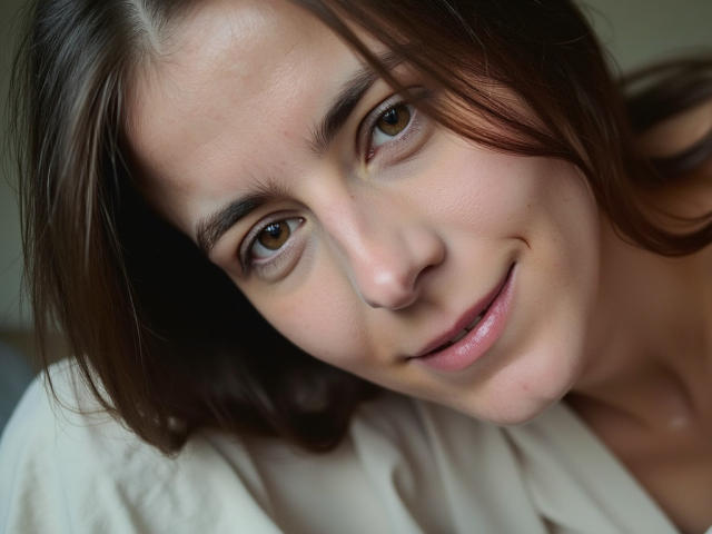 GlamMegi has brown eyes, a slight smile, and brown hair, wearing a white shirt, with a soft, natural-looking face and light skin, in a close-up shot.