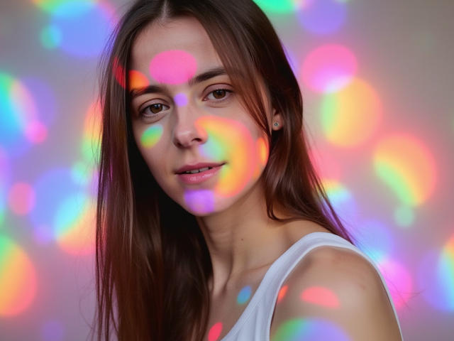 GlamMegi con cabello largo y castaño, blusa blanca sin mangas, patrones de luz bokeh coloridos en su rostro, mirando ligeramente hacia un lado, sonriendo sutilmente, luz suave, maquillaje discreto, aretes..