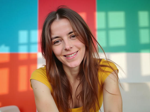 GlamMegi, con i suoi lunghi capelli castani, la maglietta gialla e il sorriso rivolto alla telecamera, ha un bel decolleté e appare sexy con un'aria rilassata. Sfondo luminoso e colorato..