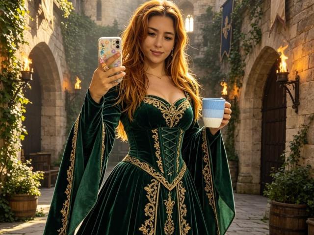 ZoeTaylorl with long red hair, wearing a green velvet dress with gold trim, holding a phone and a blue cup, standing in a sunlit, stone-walled courtyard.