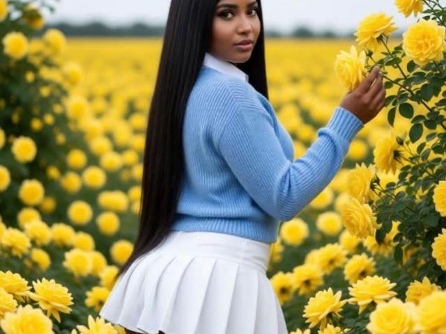 EmmaBlosson with long black hair, blue sweater, white skirt, holding yellow flowers, looking over her shoulder, standing in a field of yellow flowers, showing her ass.