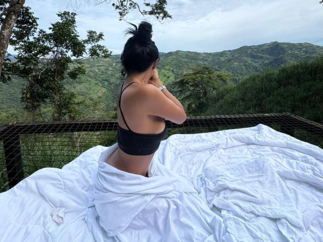MajoJones with black hair in a bun, wearing a black sports bra, sitting on white bed, covering her face, butt and tits exposed, looking at green mountains.