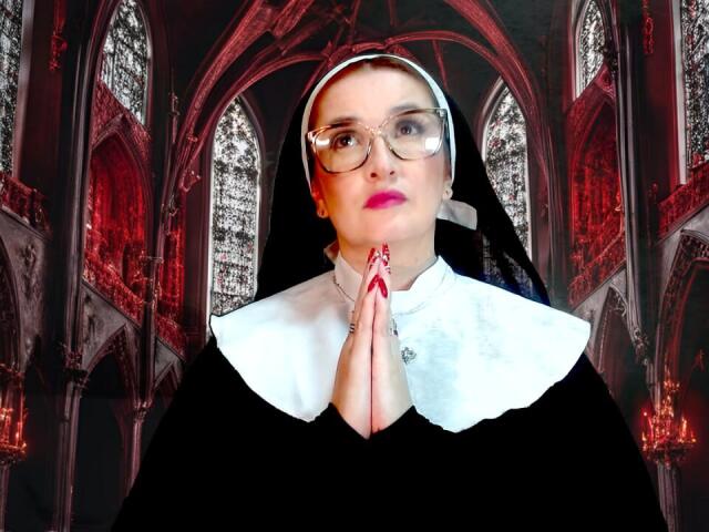 HelenasFantasy with glasses, pink lipstick, and black/white nun outfit, hands in prayer, red veins, standing in Gothic-style church with red candles and stained glass.