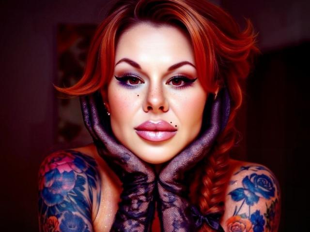 MissTwinkleX, con tatuaggi, capelli rossi, eyeliner scuro e labbra rosa, mani avvolte in un tessuto nero trasparente, che mostra tatuaggi floreali colorati sulle spalle e sulla parte superiore delle braccia..