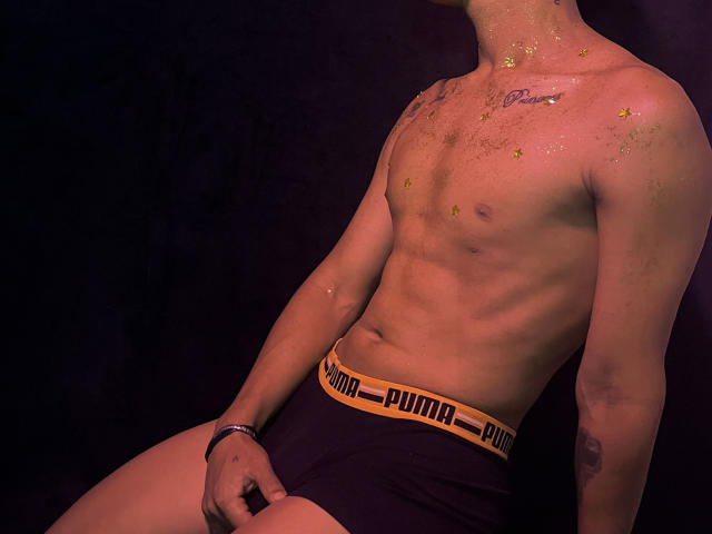 ChrisSexi, con un corpo tonico e muscoloso, senza camicia, indossa biancheria intima Puma scura, con glitter dorati sul petto e sul collo, un tatuaggio sul braccio sinistro, un braccialetto al polso, sfondo scuro, mano destra sull'inguine..