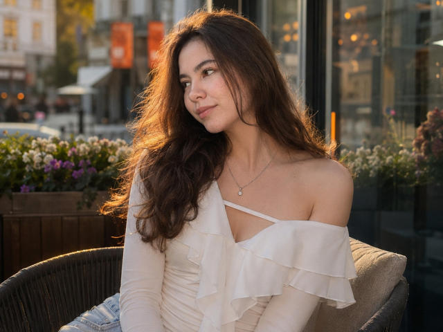 EmeraldCrivaro with wavy brown hair, off-shoulder white ruffle top, small tits, subtle smile, sitting outside, sunlight, necklace, casual, relaxed, city background, daytime, soft light, pretty.